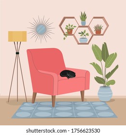 Silla cómoda, gato dormido y plantas de la casa. Ilustración plana del vector