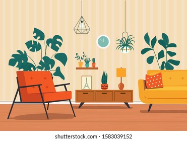 Comfortable chair, sofa and house plants. Vector flat illustration