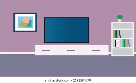 Comfortable chair, tv and house plants. Vector flat illustration	