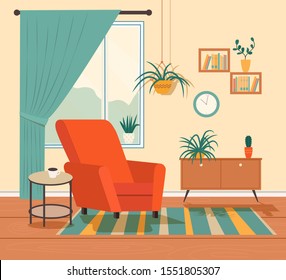 Cómodas sillas, ventanas y plantas de la casa. Ilustración plana del vector