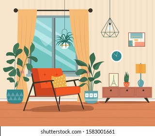 Comfortable chair, window and house plants. Vector flat style  illustration