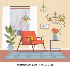 Comfortable chair, window and house plants. Vector flat style illustration