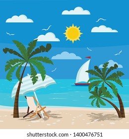 Comfortable chaise lounge with sun umbrella on seascape: ocean, coastline, palm tree, seagulls, clouds, sailboat, sun. Vector illustration of sunny tropical seascape background in cartoon flat style.