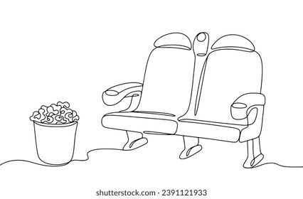 Comfortable cinema seats and popcorn. International Cinema Day. One line drawing for different uses. Vector illustration.