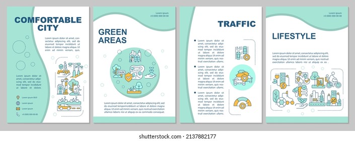 Comfortable cities mint brochure template. Urban design ideas. Leaflet design with linear icons. 4 vector layouts for presentation, annual reports. Arial, Myriad Pro-Regular fonts used