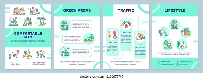 Comfortable cities mint green brochure template. Urban design. Leaflet design with linear icons. 4 vector layouts for presentation, annual reports. Arial-Black, Myriad Pro-Regular fonts used