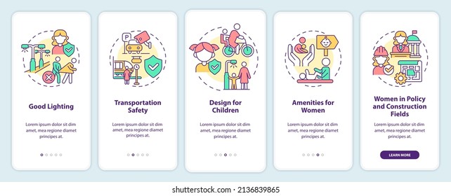Comfortable city design for women and kids onboarding mobile app screen. Walkthrough 5 steps graphic instructions pages with linear concepts. UI, UX, GUI template. Myriad Pro-Bold, Regular fonts used