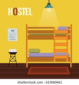 comfortable clean hostel room with wooden bunk beds, red carpet, wifi modem, lamp and rules for backpackers or students. flat style. vector illustration