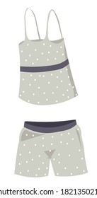 Cómoda ropa para dormir, aislado pajama de la parte superior y pantalones cortos. Ropa para mujeres, producto de moda y lujo. Camilo de seda con tela orgánica, ropa de noche para mujeres vectorial en llano