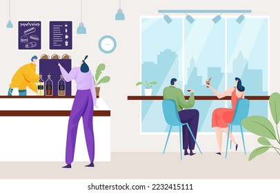 Comfortable coffee house place, group people together delicious drink tea in cafe flat vector illustration, concept cozy relaxing area.