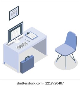 Comfortable Companny workplace with turned on desktop on the desk, wheelchair, lamp and some books. Working late at night. Flat style illustration or icon. EPS 10 vector.
