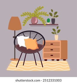 Canto confortável com uma cadeira elegante, plantas e iluminação suave na decoração moderna casa Ilustração Vetor