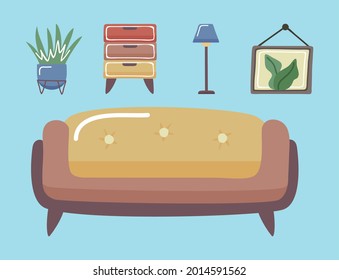 Conjunto de iconos y sofás cómodos