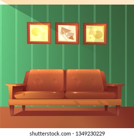 Comfortable Couch with pillows next to the floor lamp on the background of retro wallpaper. Living room with a sofa. Vector cartoon illustration