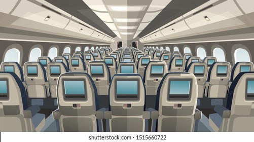 Comfortable And Cozy Airplane Salon Seats Vector Illustration. Seat Rows In Cabin. Interior Of Passenger Economy Class Of Modern Aircraft Flat Style Concept