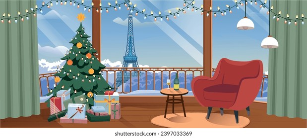 Comfortable cozy apartment decorated for Christmas with big windows and a view of the Eiffel Tower. Empty Christmas interior of living room with Christmas tree, chair,  table in Paris.  MyRealHoliday