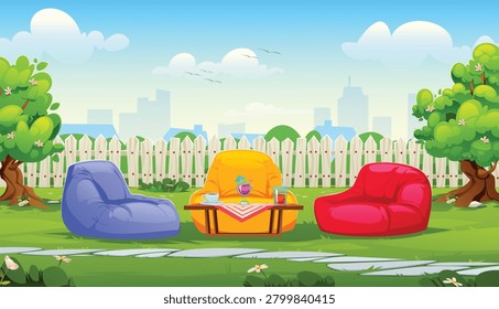 Comfortable cozy bean bag chairs set around a wooden table in a green yard background layout. Vector cartoon illustration