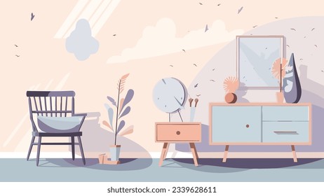 Cómodo sillón cojín y mobiliario de decoración en sala de estar en ilustración vectorial plana