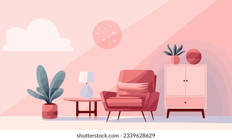 Cómodo sillón cojín y mobiliario de decoración en sala de estar en ilustración vectorial plana