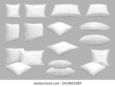 Comfortable cushion for sleep, rest and relax. Vector isolated pillows with pillowcases and feather or synthetic filling. Side and front view of bedding for bedroom, fluffy and organic fabric