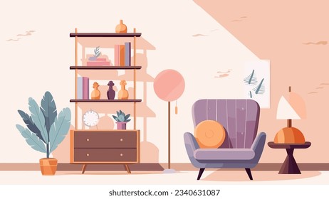 Comfortable cushion sofa and decorating furniture set in living room in flat vector illustration