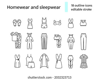 Comfortable domestic clothes outline icons set. Homewear and sleepwear. Comfy garment. Customizable linear contour symbols collection. Editable stroke. Isolated vector stock illustration