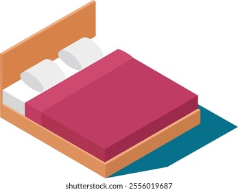 Comfortable double bed featuring pink sheets, two pillows, and a wooden frame, presented in isometric view, perfect for relaxation and interior design projects