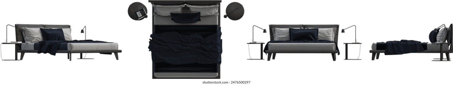 Comfortable double bed in interior of light bedroom