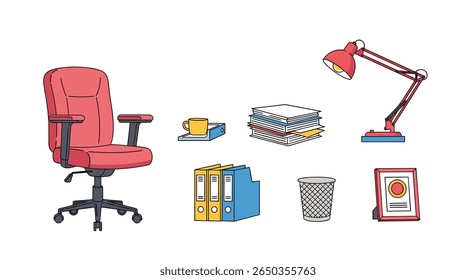 Cadeira de escritório ergonômica confortável com grampeador de pilha de papel de lâmpada de mesa e caixote de lixo