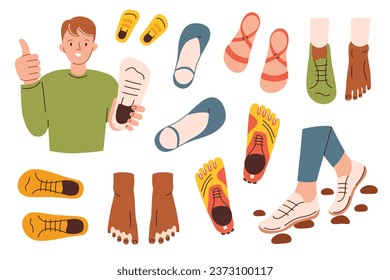 Cómoda colección de zapatos ergonómicos, zapatos minimalistas dibujados a mano para hombres y mujeres, iconos de doodle de zapatillas de zapatillas, ilustraciones vectoriales de diferentes calzado, clipart de color aislado sobre fondo blanco