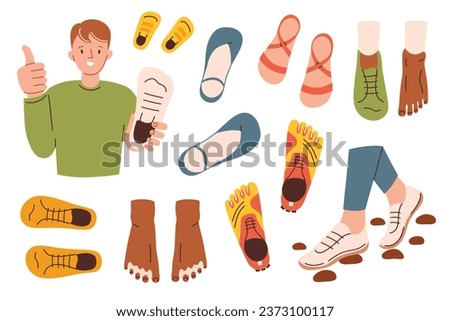 Comfortable ergonomic shoes collection, hand drawn minimalist shoes for men and women, sneakers doodle icons, vector illustrations of different footwear, isolated colored clipart on white background