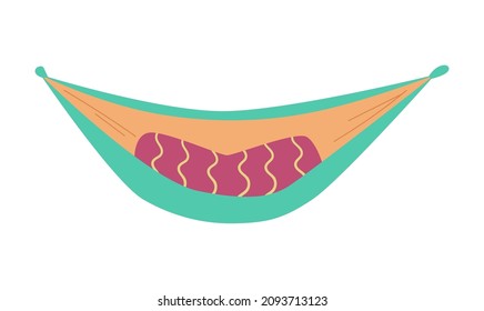 Comfortable fabric hammock with pillow, flat vector illustration isolated on white background. Summer outdoor recreation, equipment for campings and picnics. Hanged hammock.