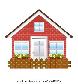 comfortable facade house with garden and wooden fence vector illustration