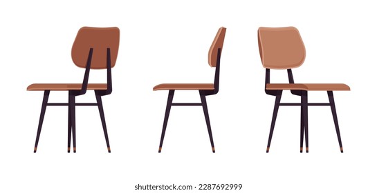 Comfortable family leisure brown chair set. Kitchen, dining room, commercial, living space. Vector flat style cartoon home, office furniture articles isolated, white background front, side, rear view