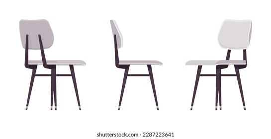 Comfortable family leisure light chair set. Kitchen, dining room, commercial, living space. Vector flat style cartoon home, office furniture articles isolated, white background front, side, rear view