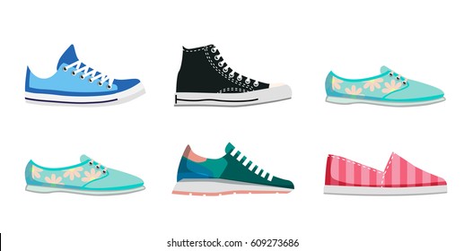 Comfortable flat shoes collection isolated on white background. high and low keds, run sneaker, loafers with flowers and striped slip-on vector illustration. Women footwear for sport and casual look.