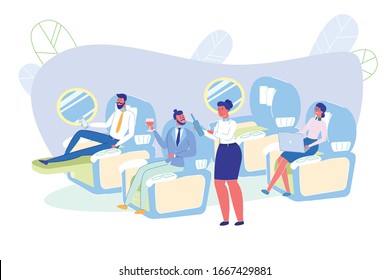 Comfortable Flight in Spacious Business Class. Stewardess Offers Passenger Drink more Wine, he Hold Glass. Instead Window, Man Laid out Chair and Read on Smartphone, Girl Works on Laptop.