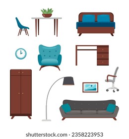 Comfortable furnishing items vector illustrations set. Bed, armchair, wardrobe, sofa with floor lamp, desk and chair for living room or apartment decor. Home decor, interior design concept