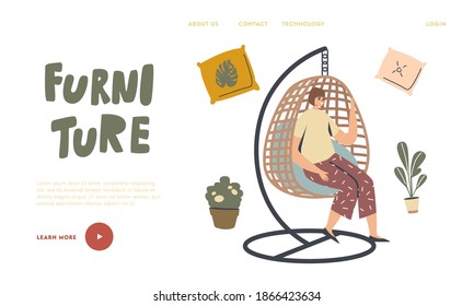 Comfortable Furniture for Outdoor Area Landing Page Template. Female Character Relaxing in Wicker Suspended Chair. Woman Use Modern Decor Design Made of Natural Materials. Linear Vector Illustration