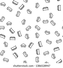 Comfortable Furniture Seamless Pattern Vector. Sofa, Couch And Bed Relaxation Furniture For Lounge, Bedroom Or Living Room Monochrome Texture Icons. Interior Detail Template Flat Illustration