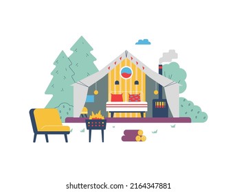Comfortable glamping tent with bed and fireplace, flat vector illustration isolated on white background. Camping tent with amenities in the woods. Summer recreation concept.