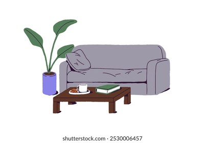 Comfortable gray couch with wooden coffee table. Cozy sofa, soft furniture with green houseplant. Modern interior design of living room with home decor. Flat isolated vector illustration on white