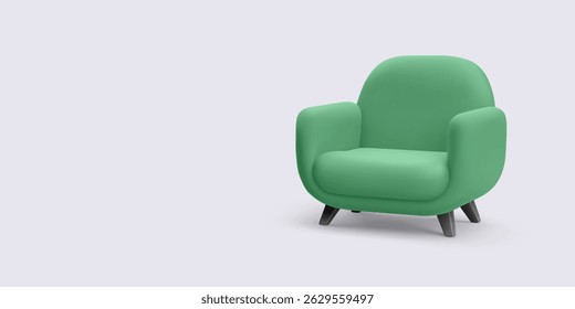 Comfortable Green Armchair With Rounded Shapes And Wooden Legs In 3d Minimalist Style On Light Background. Perfect For Interior And Furniture Themes. Vector