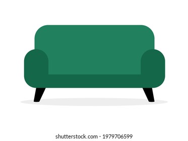 Comfortable green sofa on white background. Flat cartoon style vector illustration.
