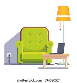 Comfortable home armchair and floor lamp. Flat style color modern vector illustration.