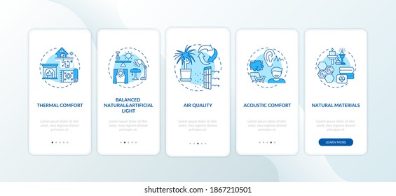 Comfortable home blue onboarding mobile app page screen with concepts. Natural, artificial light. Indoor space walkthrough 5 steps graphic instructions. UI vector template with RGB color illustrations