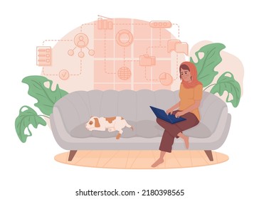 Comfortable home office 2D vector isolated illustration. Remote work flat character on cartoon background. Cozy job environment colourful editable scene for mobile, website, presentation