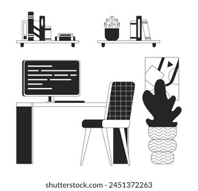 Comfortable home office black and white 2D line cartoon object. Computer desk in room interior isolated vector outline items. Arranged place of freelancer work monochromatic flat spot illustration