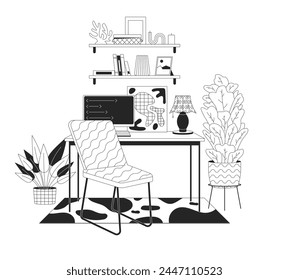Comfortable home office interior black and white line illustration. Computer desk with chair and shelves 2D lineart objects isolated. Domestic workspace monochrome scene vector outline image