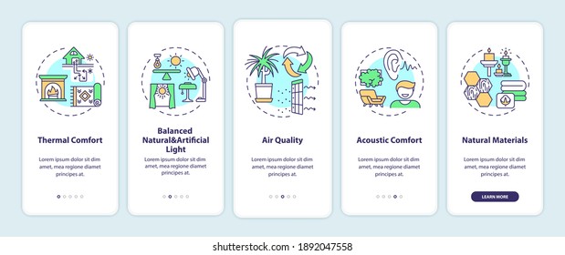 Comfortable home onboarding mobile app page screen with concepts. Natural, artificial light. Indoor space walkthrough 5 steps graphic instructions. UI vector template with RGB color illustrations